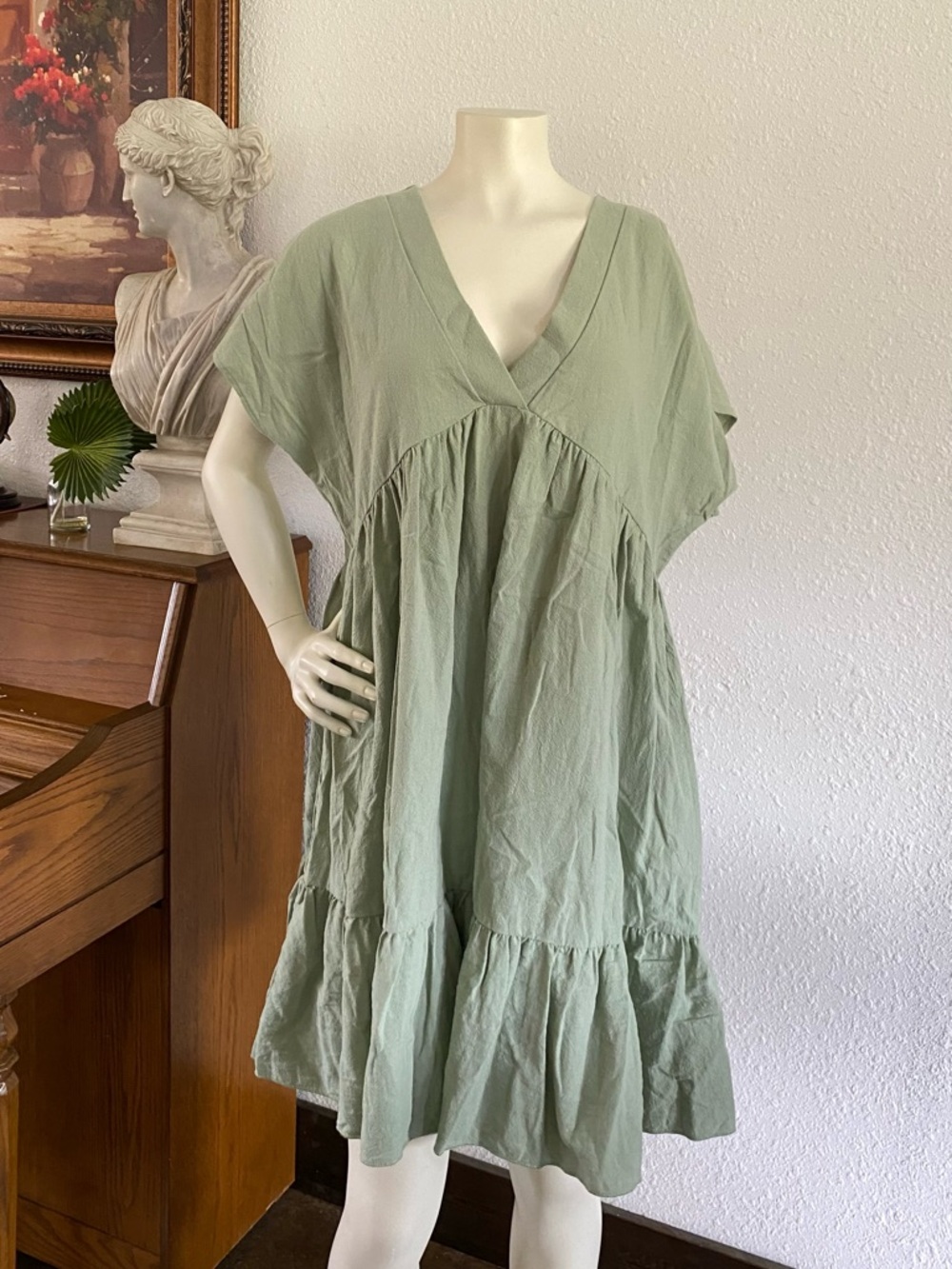 Sage Green V-Neck Tiered Cotton Dress